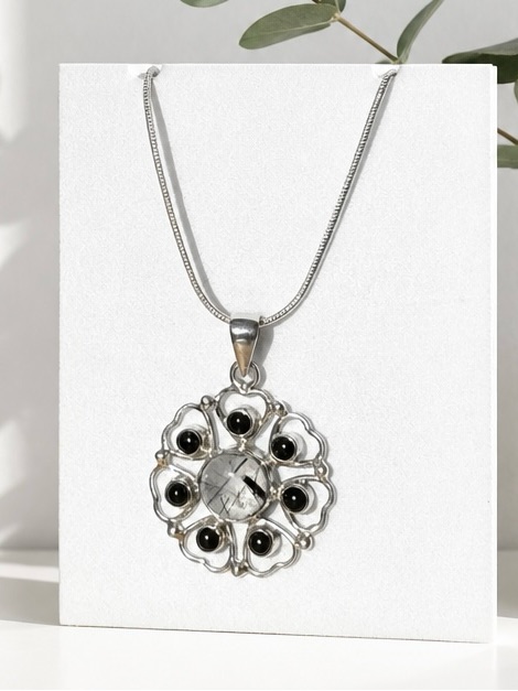 New! Tourmaline In Quartz & Onyx Necklace